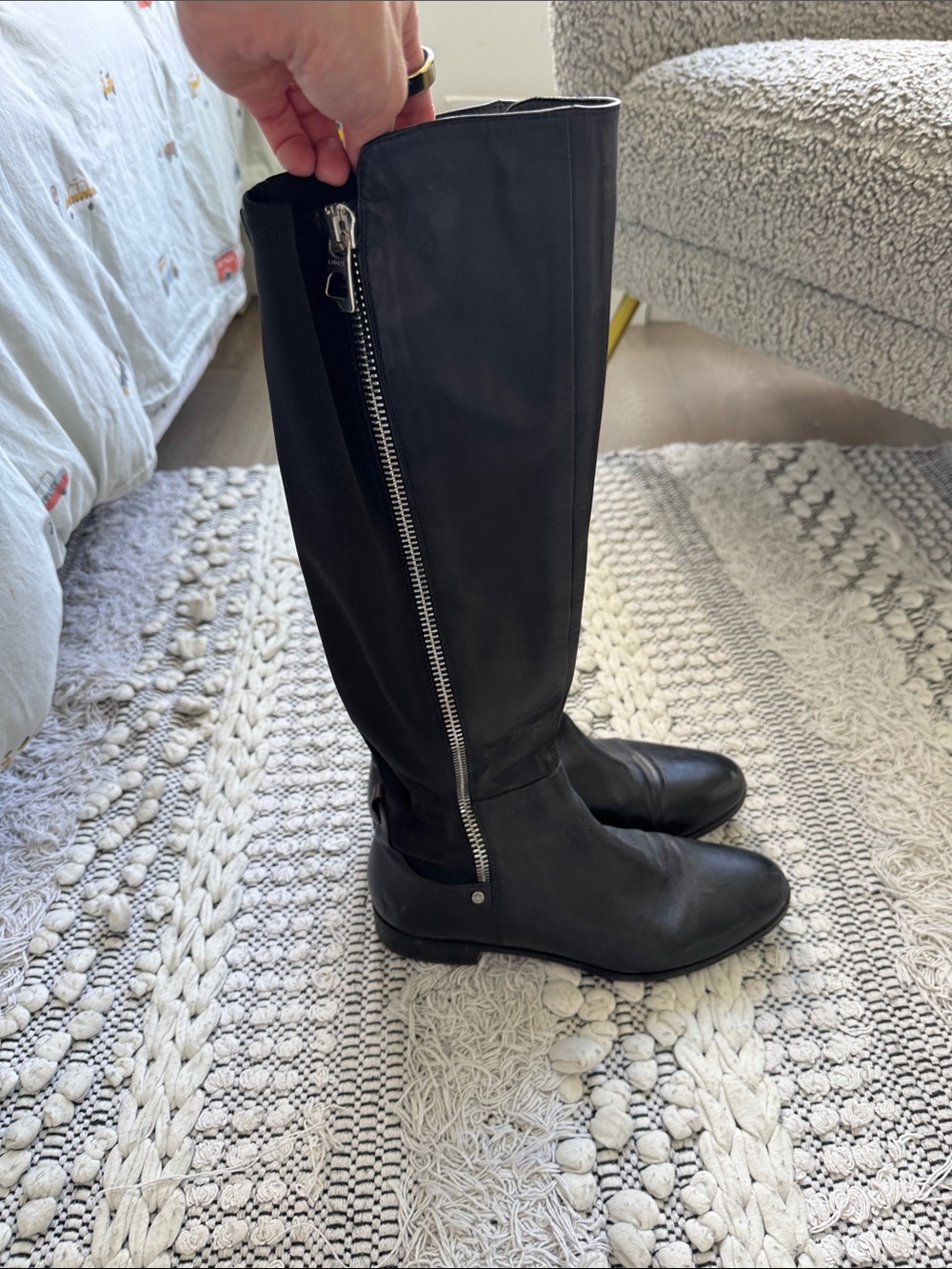 Classic Black Tall Leather Riding Boots with Side Zip